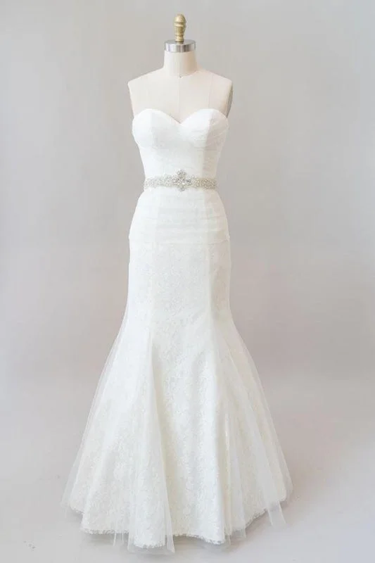 Awesome Ruffle Strapless Lace Sheath Wedding Dress Cool Women's Distressed