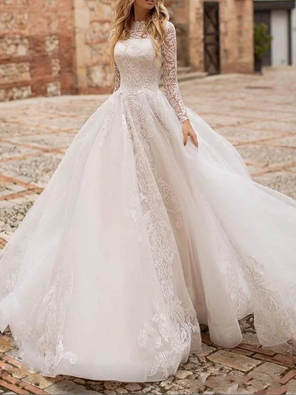 White Wedding Dress A Line Illusion Neckline Long Sleeves Applique With Chapel Train Bridal Gowns Elegant Women's Formal 