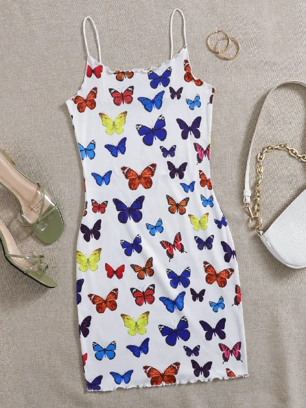 All Over Print Lettuce Trim Sleeveless Spaghetti Strap Pencil Natural Mini Womens Dress Sophisticated Women's 
