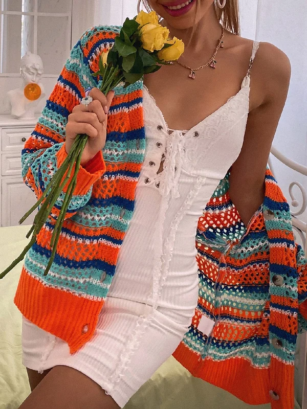 Casual All Over Print Button Front Long Sleeve V Neck Semi-Sheer Regular Women Cardigan Classic Women's Pin - striped