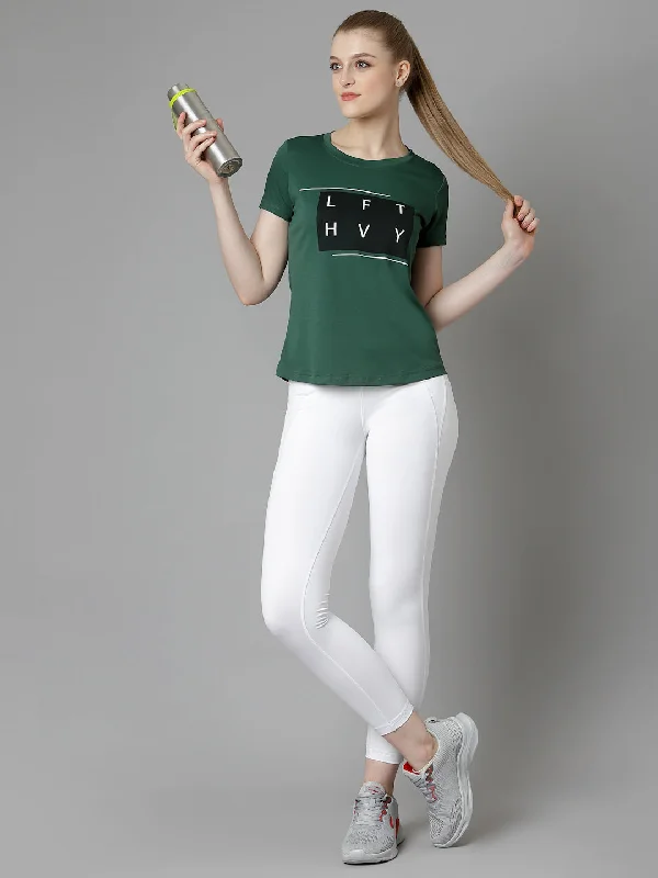 JUMP USA Women Green Typography Printed Polyester T-shirt Sleek Women's 