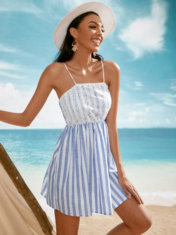 Striped Contrast Lace Sleeveless Spaghetti Strap Flared High Waist Short Dress Relaxed Women's Beachy