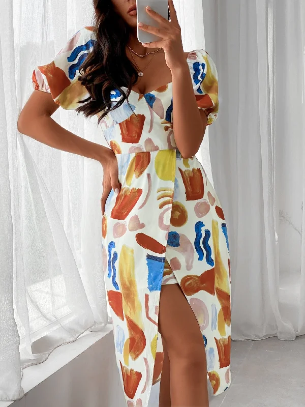 All Over Print Wrap Short Sleeve Sweetheart Wrap High Waist Midi Dress Casual Women's Japanese 