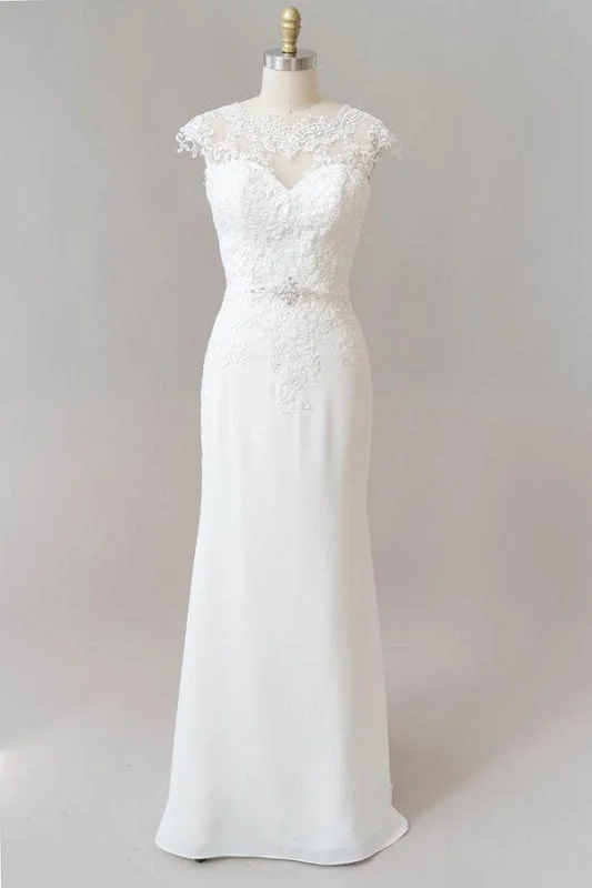 Cap Sleeve Illusion Lace Sheath Wedding Dress Casual Women's Loose - fitting