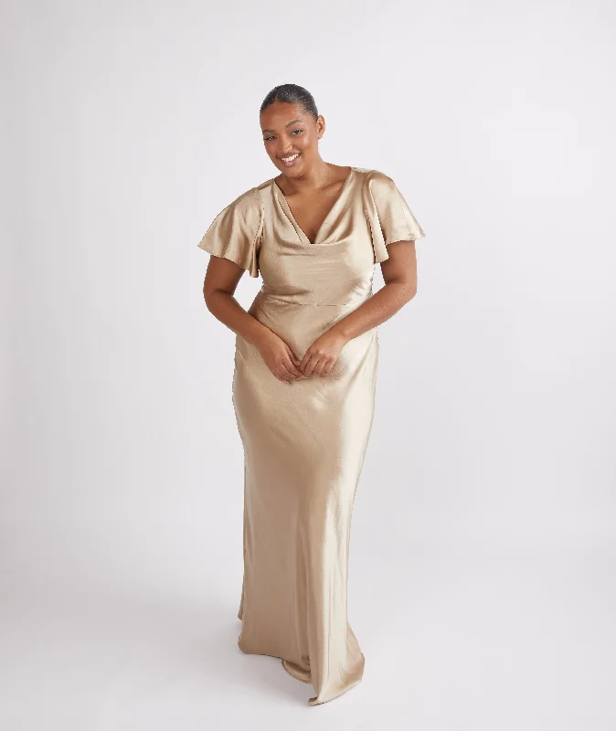 Cowl Front Satin Short Sleeve Bridesmaid Dress - Champagne Sophisticated Women's 