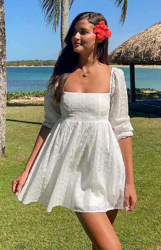 Rubi White Long Sleeve Broderie Mini Dress Sleek Women's Metallic