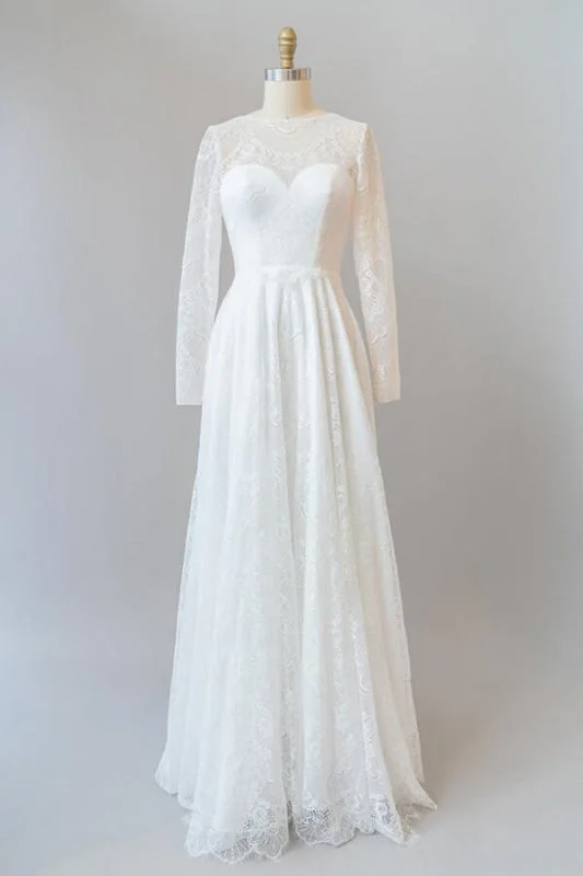 Illusion Long Sleeve Lace A-line Wedding Dress Practical Women's Quick - dry