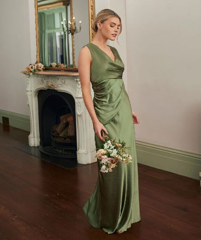 Plunge Drape Detail Satin Bridesmaid Dress - Moss Green Traditional Women's 