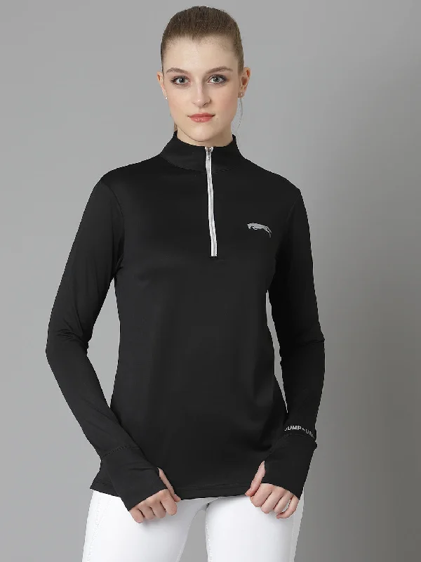 JUMP USA Women Black Solid Long Sleeve With Thumbhole High Neck T-shirt Cozy Women's Sherpa - lined