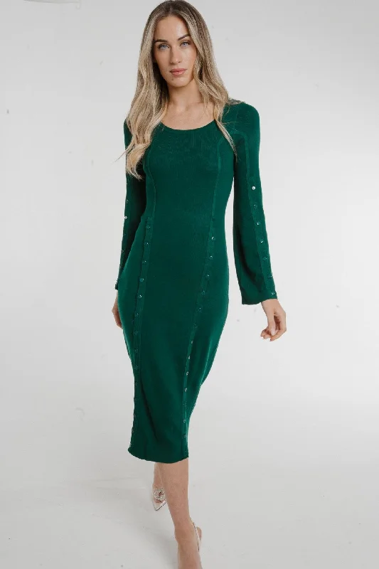 Holly Button Detail Knit Midi Dress In Green Refined Women's Hand - crafted
