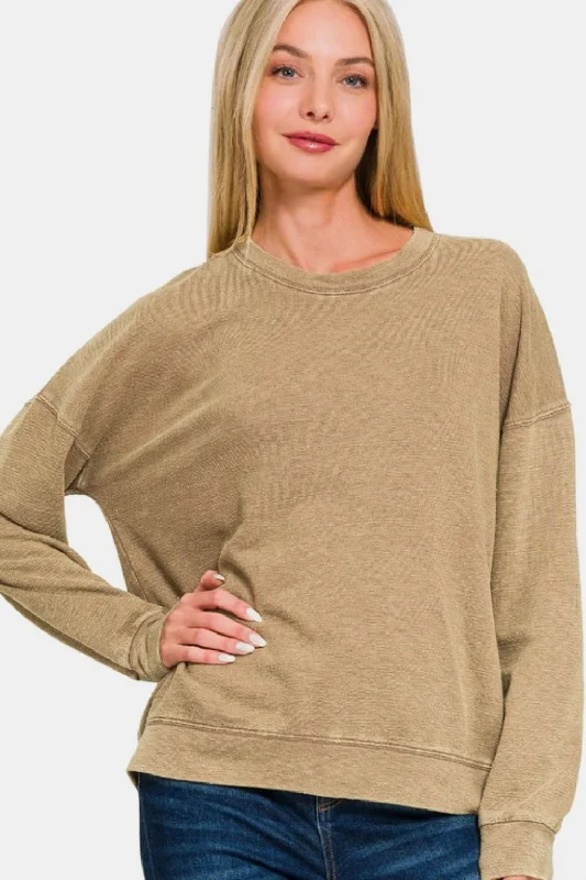 Zenana Washed Round Neck Dropped Shoulder Sweatshirt Cashmere