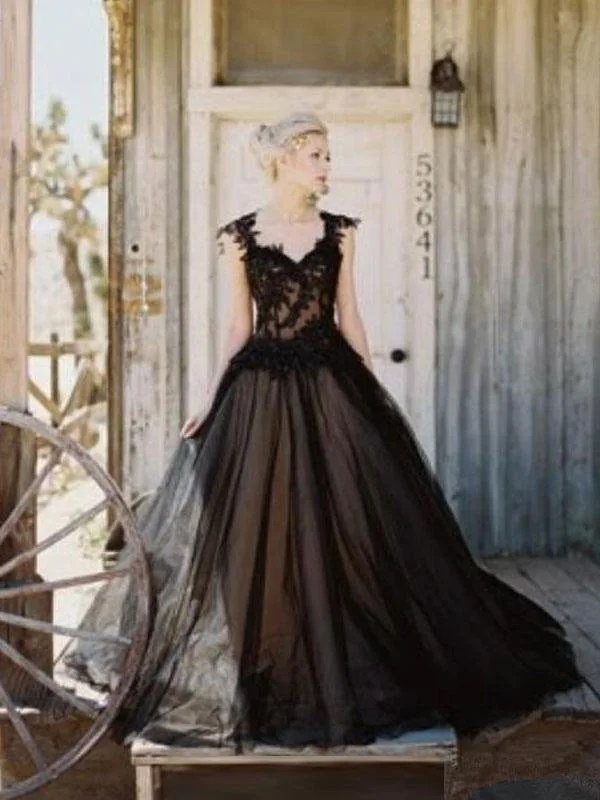 Black Loyal Wedding Dresses Tulle Princess Silhouette Sleeveless Low Rise Waist Lace Court Train Bridal Gown Earthy Women's 