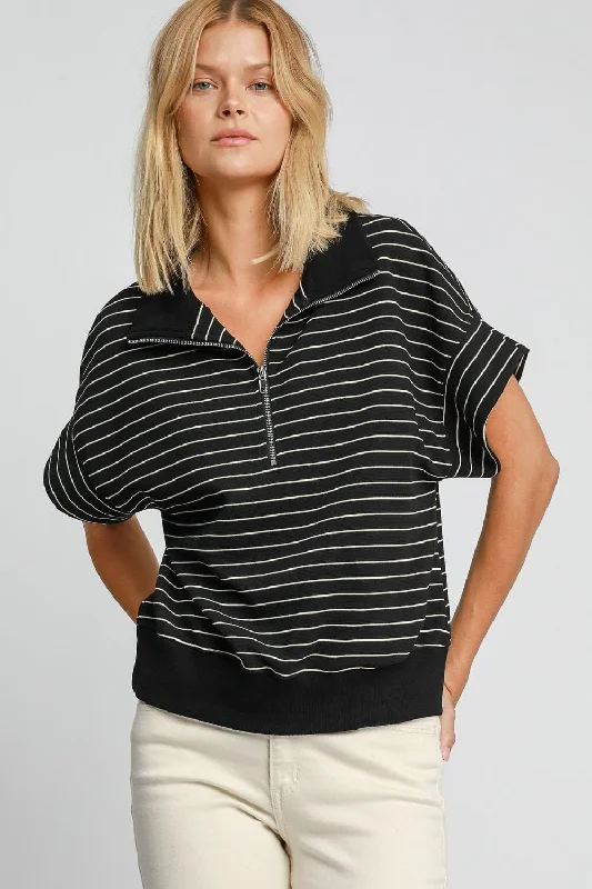 Umgee Striped Half Zip Short Sleeve Sweatshirt Artistic Women's Hand - painted