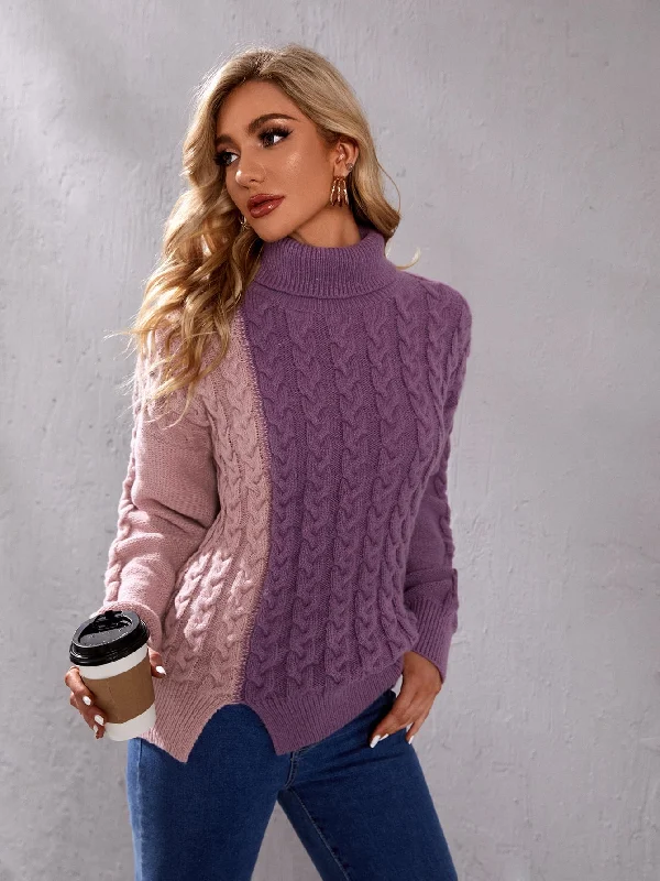 Casual Colorblock Split Long Sleeve High Neck Slit Long Women Sweater Feminine Women's Style 