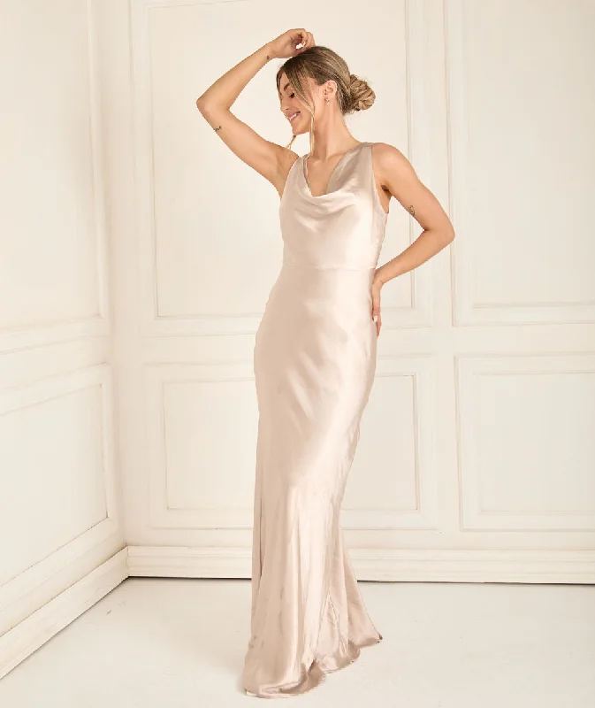 Cowl Front Satin Bridesmaid Dress - Oyster Trendy Women's Oversized
