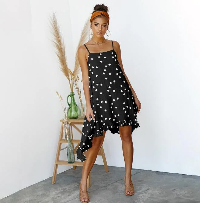 A-line Spaghetti Strap Ruffled Polka Dot Print Bohemian Midi Dress Hip Women's Retro