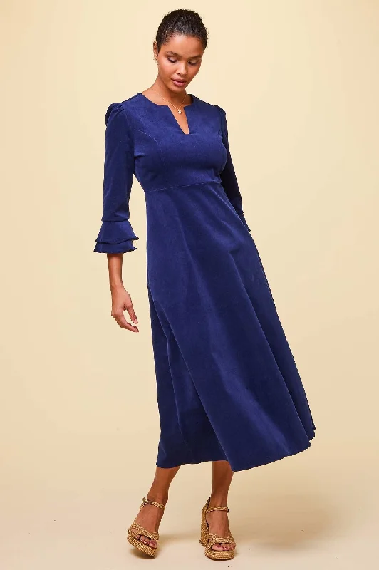 Jocelyn V-Neck 3/4 Sleeve Stretch Corduroy Dress | Atlantic Blue Cool Women's Skate