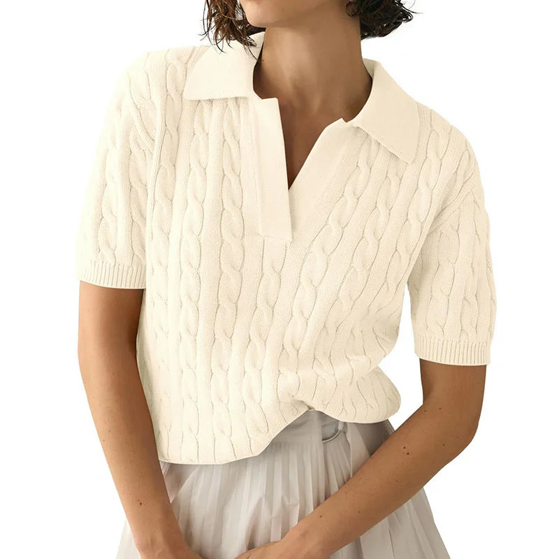 Polo Collar Short Sleeve Solid Color Twisted Knit Sweater Wholesale Womens Clothing N3824072900046 Cool Women's Distressed