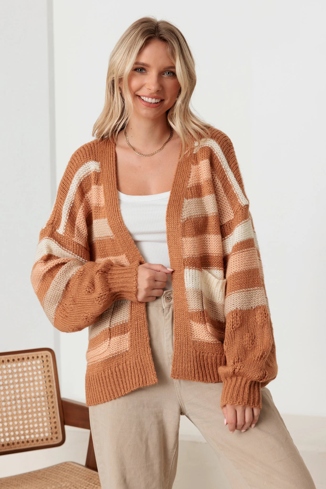Striped Crochet Knit detail Two Pocket Open Cardigan Monochromatic All - in - one