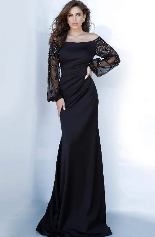 Jovani - 1156 Off- Shoulder Bishop Sleeve Sheath Dress British Gentlewoman Style