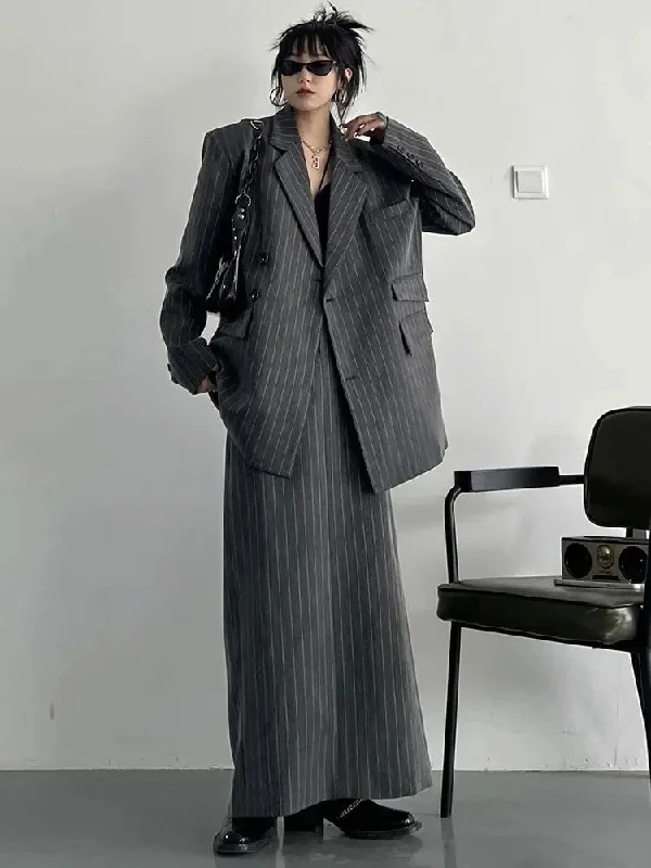 Gray Maxi Skirt Striped Oversized Women's Blazer Two Pieces Suit Gym