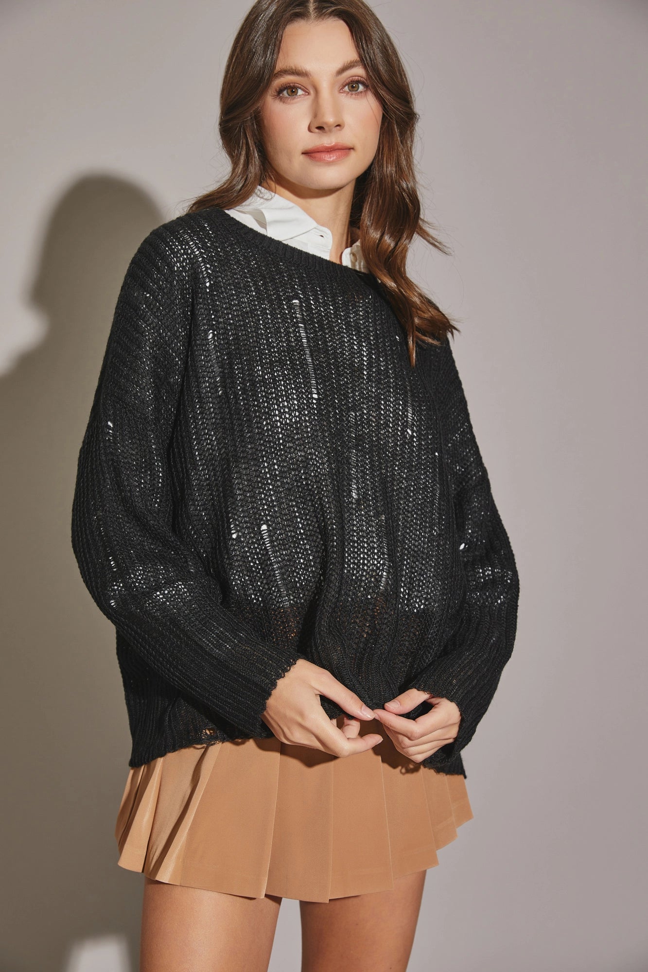 Long Sleeve Loose Fit Distressed Sweater Dynamic Women's Moto