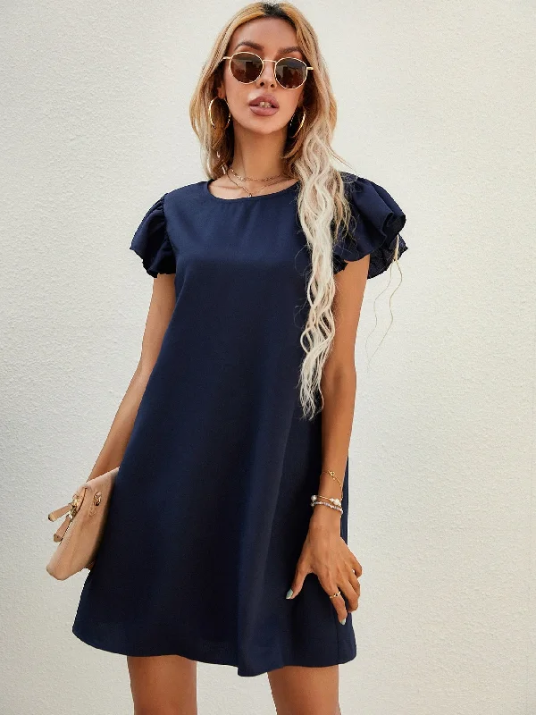 Plain Cap Sleeve Round Neck Straight Natural Short Dress Artistic Women's Avant - 
