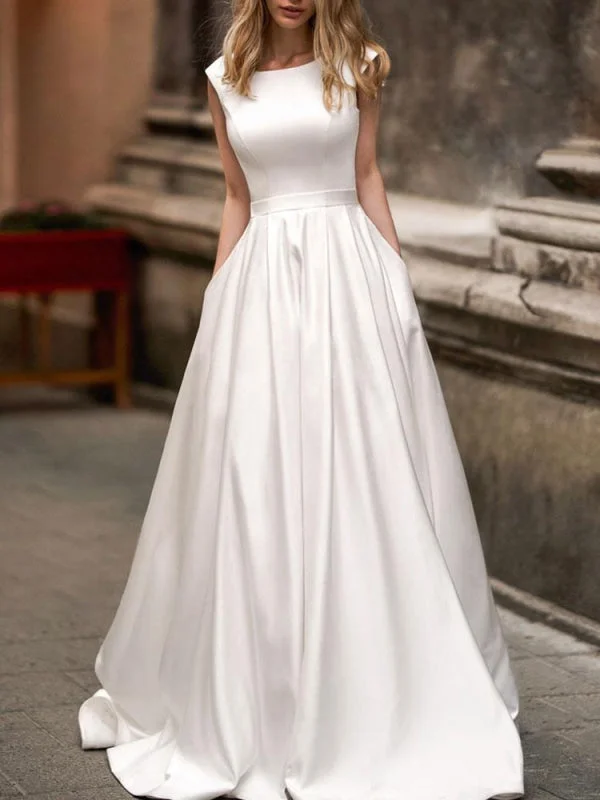 Vintage Wedding Dress 2021 A Line Bateau Neck Sleeveless Floor Length Satin Bridal Gown Women