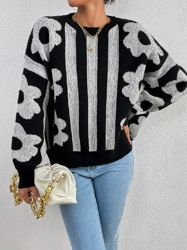 Casual Striped Long Sleeve Round Neck Regular Women Sweater Classic Women's Pin - striped