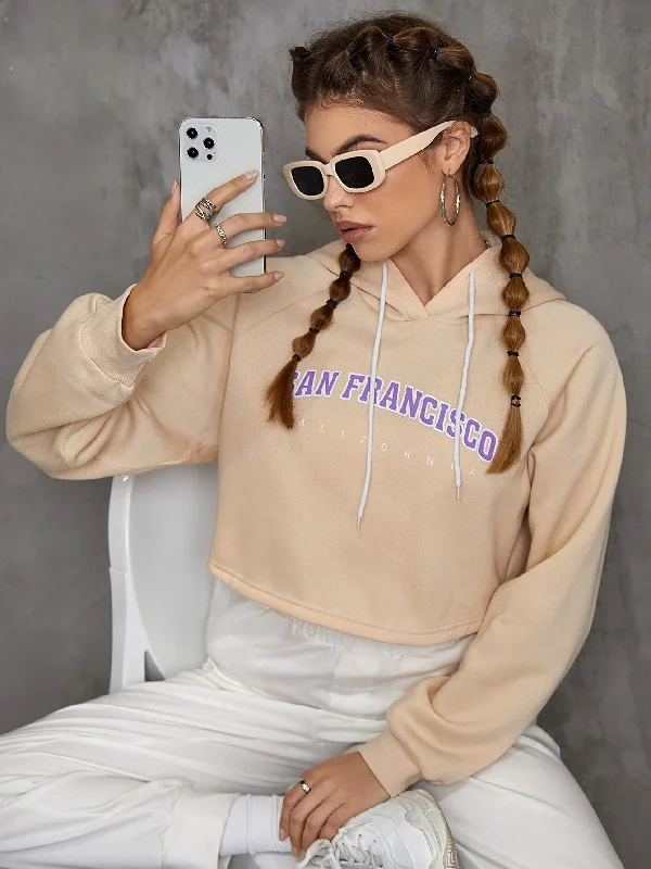 Casual Letter Drawstring Long Sleeve Hooded Crop Women Sweatshirt Cozy Women's Sherpa - lined