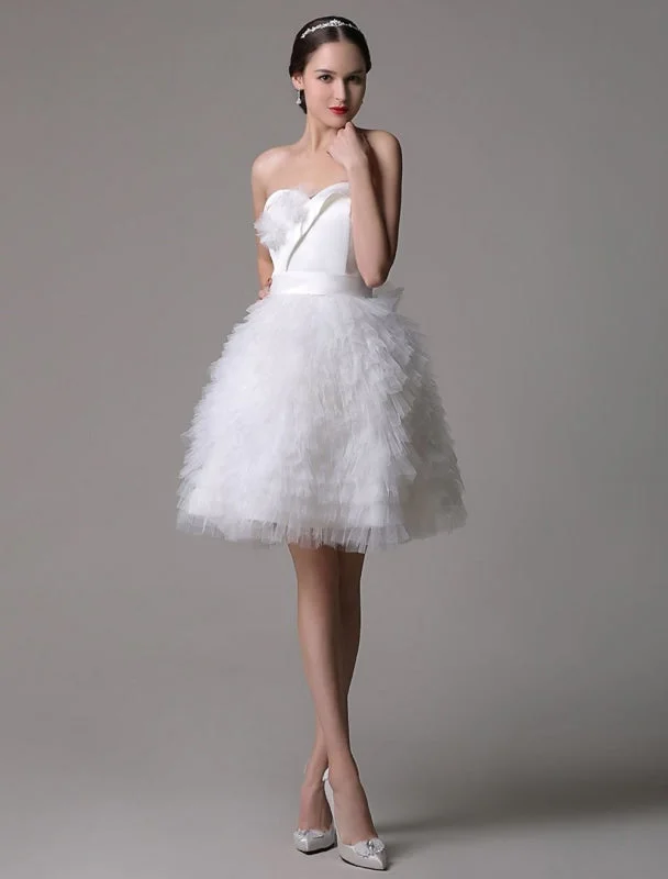 Strapless Sweatheart Satin Short Bridal Gown With Tulle Tired Skirt Compression