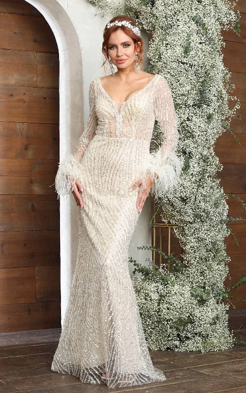 May Queen RQ8043 - Feathered Cuff V-Neck Prom Gown Disco