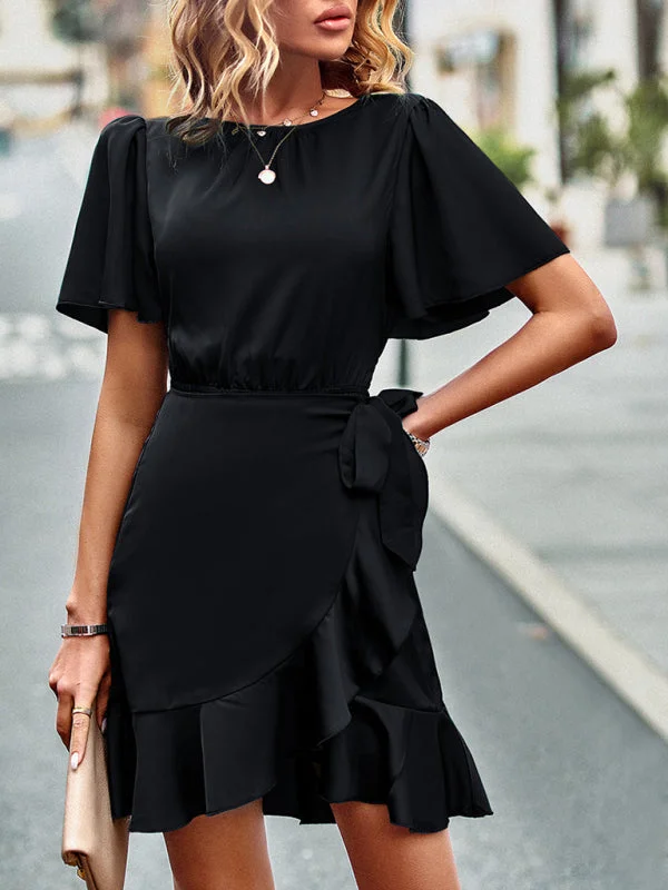 BerryBetty - Women's Solid Color Ruffle Tie Waist Dress Business