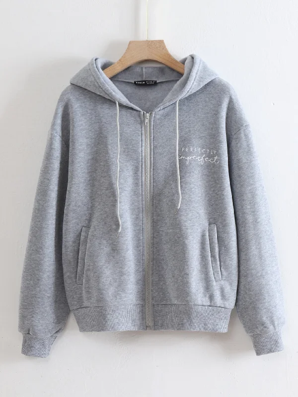 Casual Letter Zipper Long Sleeve Hooded Regular Women Sweatshirt Earthy Women's Hemp - based