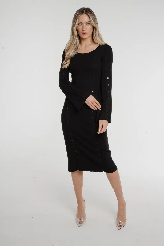 Holly Button Detail Knit Midi Dress In Black Feminine Women's Soft 