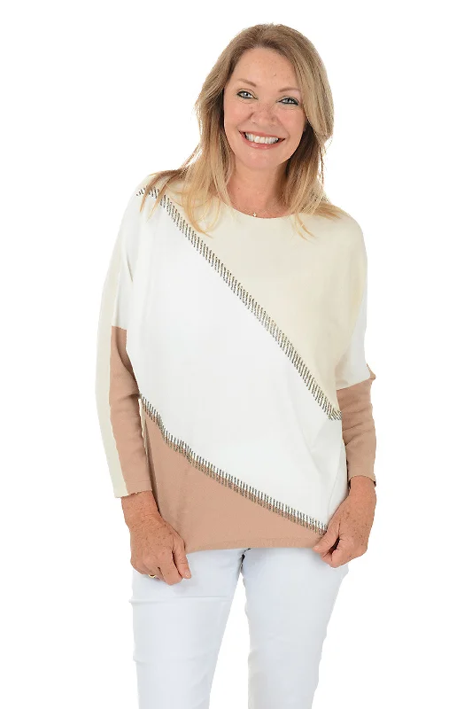 Neutral Beaded Colorblock Dolman Sleeve Sweater Elegant Women's 
