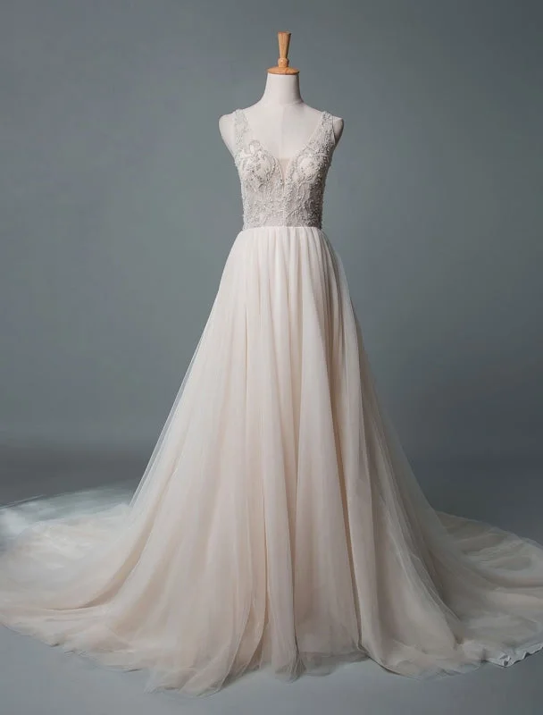 Simple Wedding Dress A Line V Neck Sleeveless Applique Beaded Floor Length Bridal Dresses Traditional Women's Simple Wedding Dress A Line V Neck Sleeveless Applique Beaded Floor Length Bridal Dresses Traditional Women's