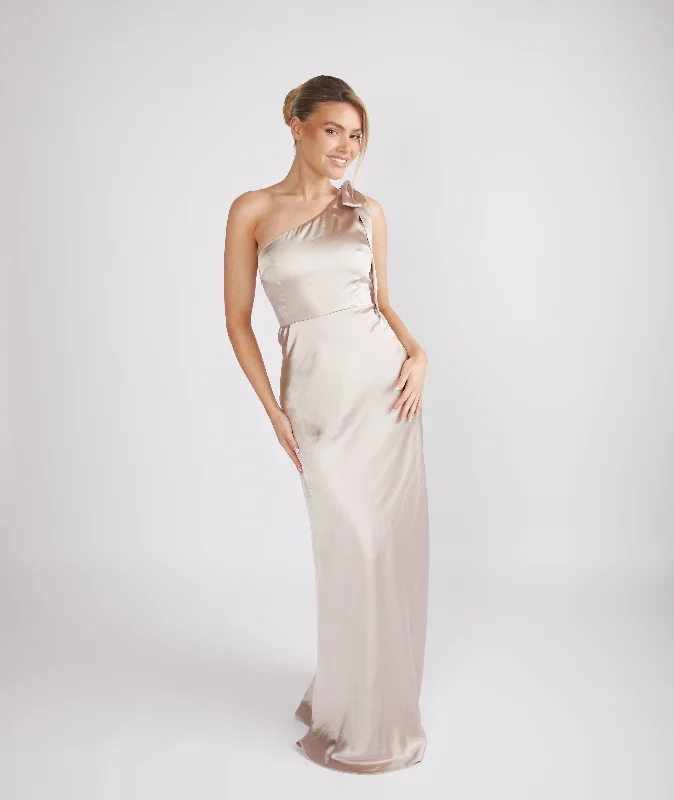 Bow One Shoulder Satin Bridesmaid Dress - Oyster Vintage Women's 1970S 