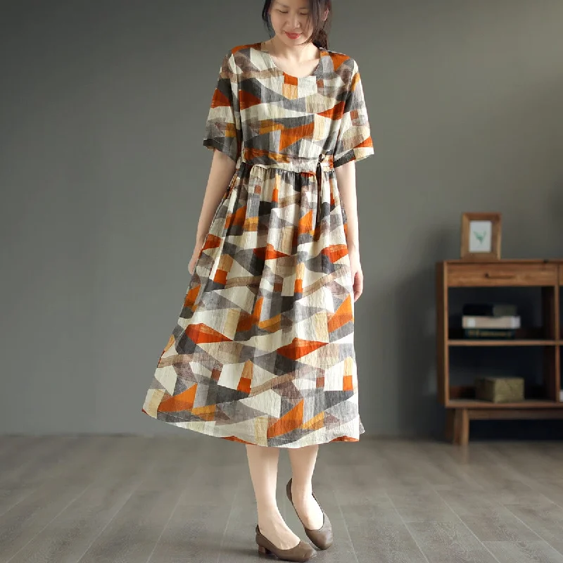 Summer Casual Stylish Print Linen Midi Dress Casual Women's Loose - fitting