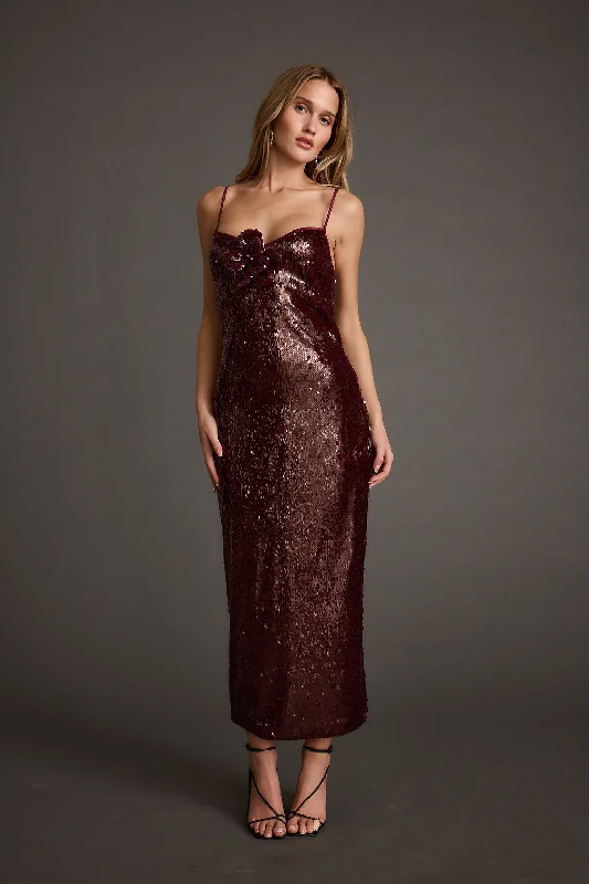 All For You Merlot Sequin Rosette Midi Dress Geometric