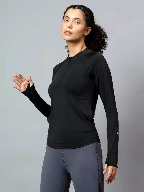 Fitkin Women's Black 1/4 Front Zip Long Sleeve Training Tshirt Dapper Women's 1920S
