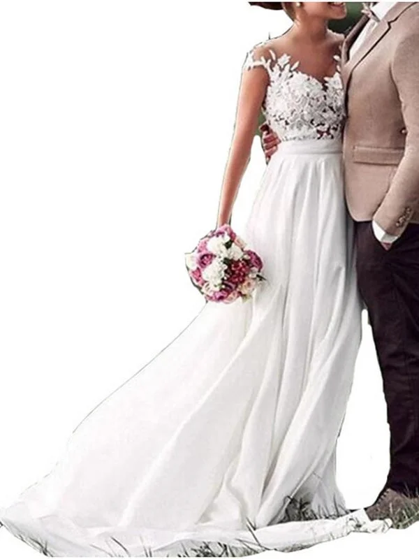 A-Line Wedding Dresses V Neck Sweep \ Brush Train Chiffon Lace Cap Sleeve Stylish Women's Tropical 
