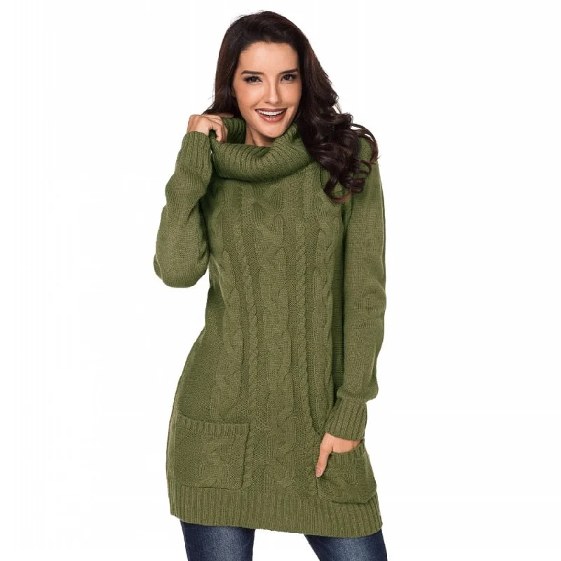 Cowl Neck Long Sleeve Bodycon Sweater Dress (Green/White) Stylish Women's Neon