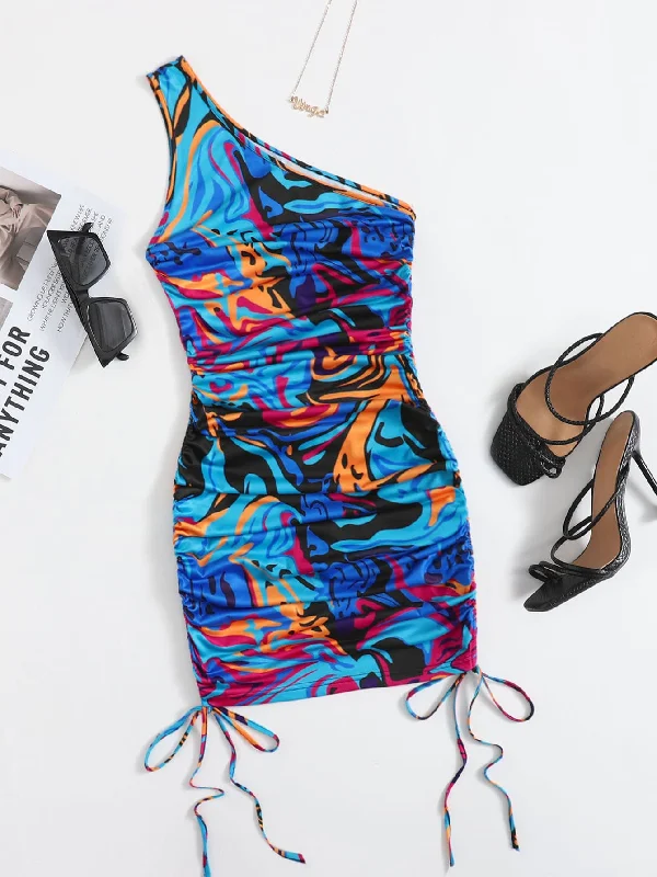 Graphic Knot Sleeveless One Shoulder Pencil Natural Short Dress Feminine Women's Style 