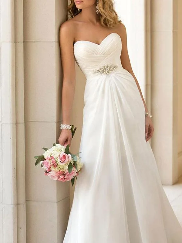 Simple Wedding Dress Sheath Sweetheart Neck Sleeveless Pleated Bridal Dresses With Train Cool Women's Distressed
