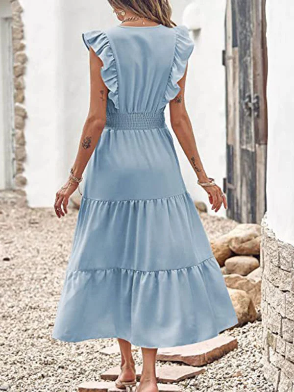 BerryBetty - Women's Solid Color Flutter Sleeve Tiered Chiffon Maxi Dress Edgy Women's Punk