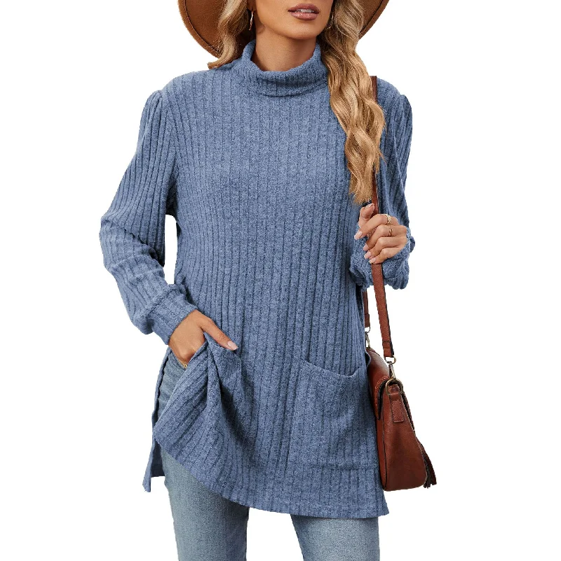 Half High Neck Long Sleeve Loose Split Pocket Sweater Wholesale Womens Clothing N3824072900065 Stylish Women's Tropical 