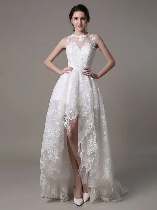 Lace High-Low Wedding Gown With Llusion Neckline And Back Exclusive Unique Women's Upcycled