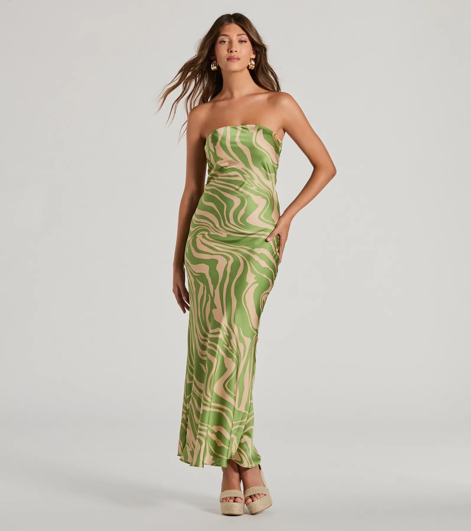 Fierce Stripes Strapless Zebra Print Satin Maxi Dress Confident Women's High - fashion