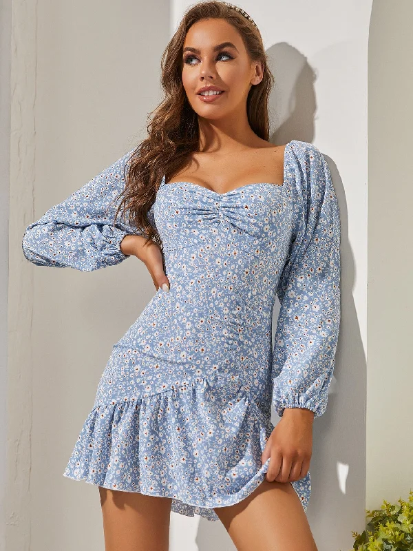 Ditsy Floral Zipper Long Sleeve Sweetheart Flounce High Waist Short Dress Monochromatic Office Style